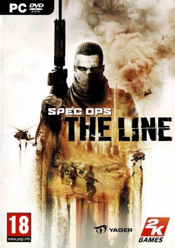 Spec Ops: The Line PC Box Art. Contains the main character holding an assault rifle with two helicopters of to the sides, as well as a squad of three army soldiers wandering the desert.