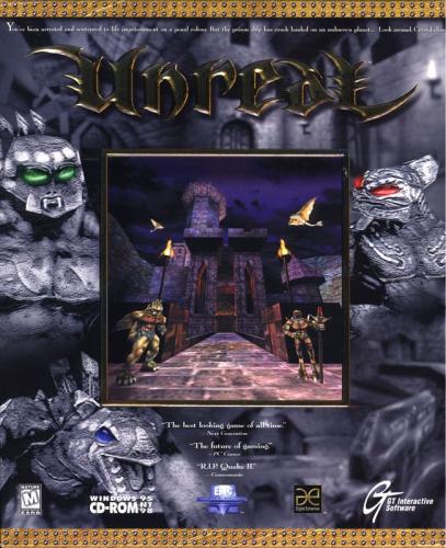 Unreal cover art containing a castle with some of the in game enemies 