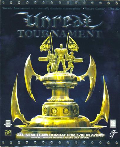 Unreal Tournament box cover containing a trophy with the game's playable characters and two different flags at the top of it.