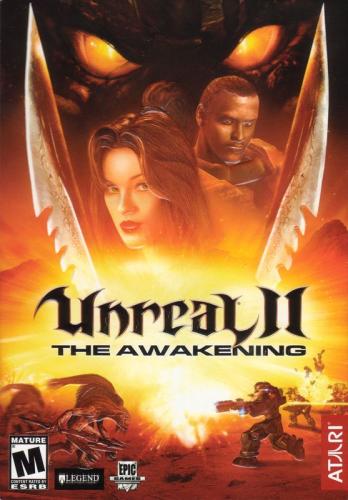 Unreal II: The Awakening box art with the games main characters behind two blades infront of a game enemy. There is a battle happening between the enemy alien faction and the player faction happening in the forground.