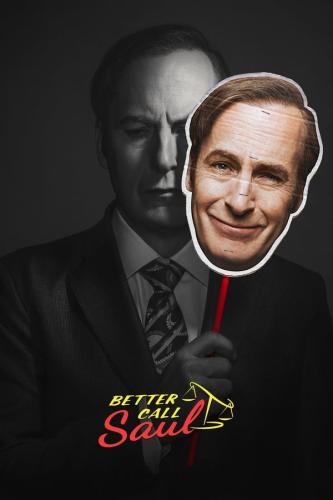 Better Call Saul title with Saul Goodman hiding behind a paper mask of himself smiling, where in actuality he is looking down in disapproval.