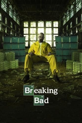 Breaking Bad's poster image having a man with a shaved head and a gotee wearing a yellow jumpsuit surounded by containers of money and blue crystals.