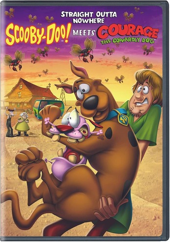  Straight Outta Nowhere: Scooby-Doo Meets Courage the Cowardly Dog DVD cover with Shaggy holding Scooby, who in turn is holding Courage. Courage's home, along with Eustace and Muriel, is in the background.