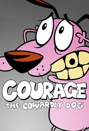 Courage the Cowardly Dog with Courage holding his head in fear.