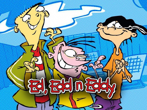 Ed, Edd n Eddy Cover having Ed, Eddy, and Edd in the forground