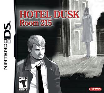 Hotel Dusk title logo with a man in a trenchcoat, suit and tie is in the forground. A woman is holding a door open in the background.