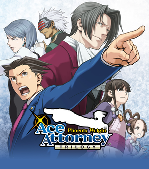 Phoenix Wright Ace Attonrey Trilogy Title with the main character Phoenix Wright pointing upwards to the right and a white silhouette of him pointing to the left near the title, Behind him are two young girls to the right, a man towards the center right, a man in white hair and a visor to the center, and a young woman with grey hair to the left.