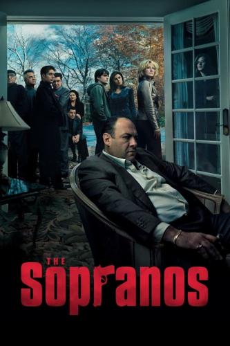 The Sopranos logo with Tony Soprano sitting in a chair, where the rest of the main cast is standing behind him in an open door leading outside.