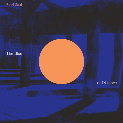 The Blue of Distance album cover with blue shaded building background with pillars and a wall to the left side. There is a dark shaded yellow circle in the middle.