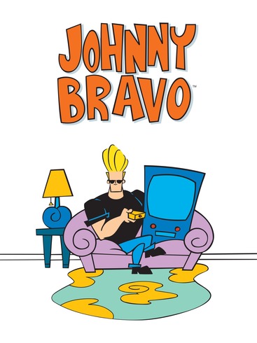 Johnny Bravo title with Johnny Bravo with his blonde pompadour sitting on a couch along with his Television, holding a television remote.